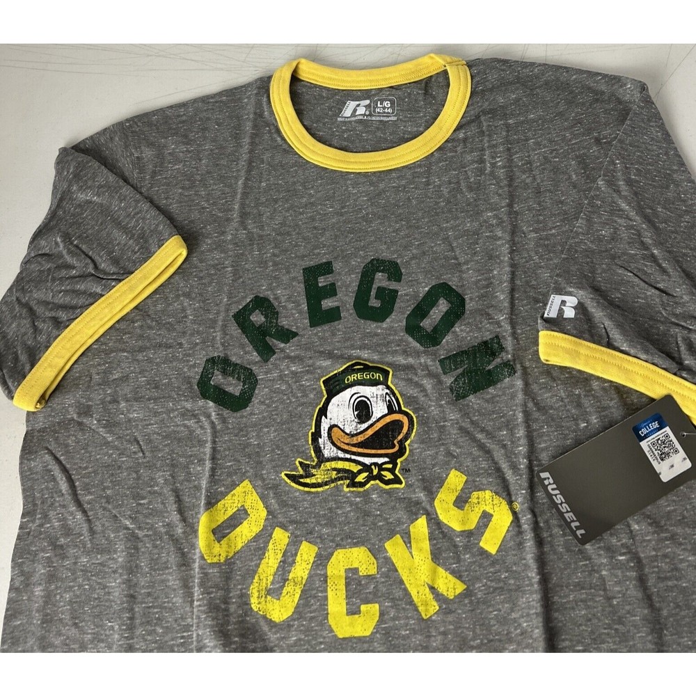 UNIVERSITY OREGON Ducks Ringer TShirt Spellout Logo Distressed Look NEW Sz L